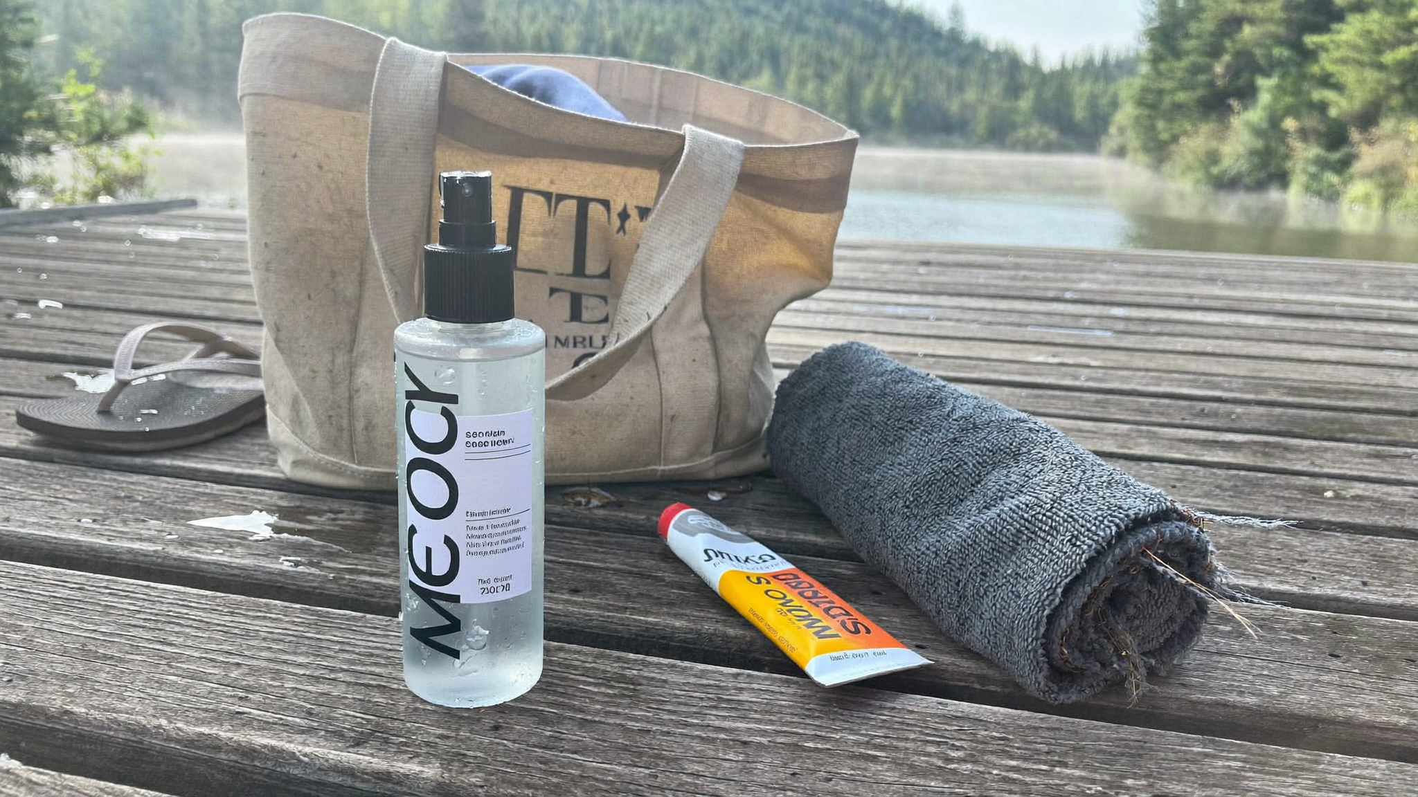 picture of cottage essentials, with towel, tote bag, spray, suncreen