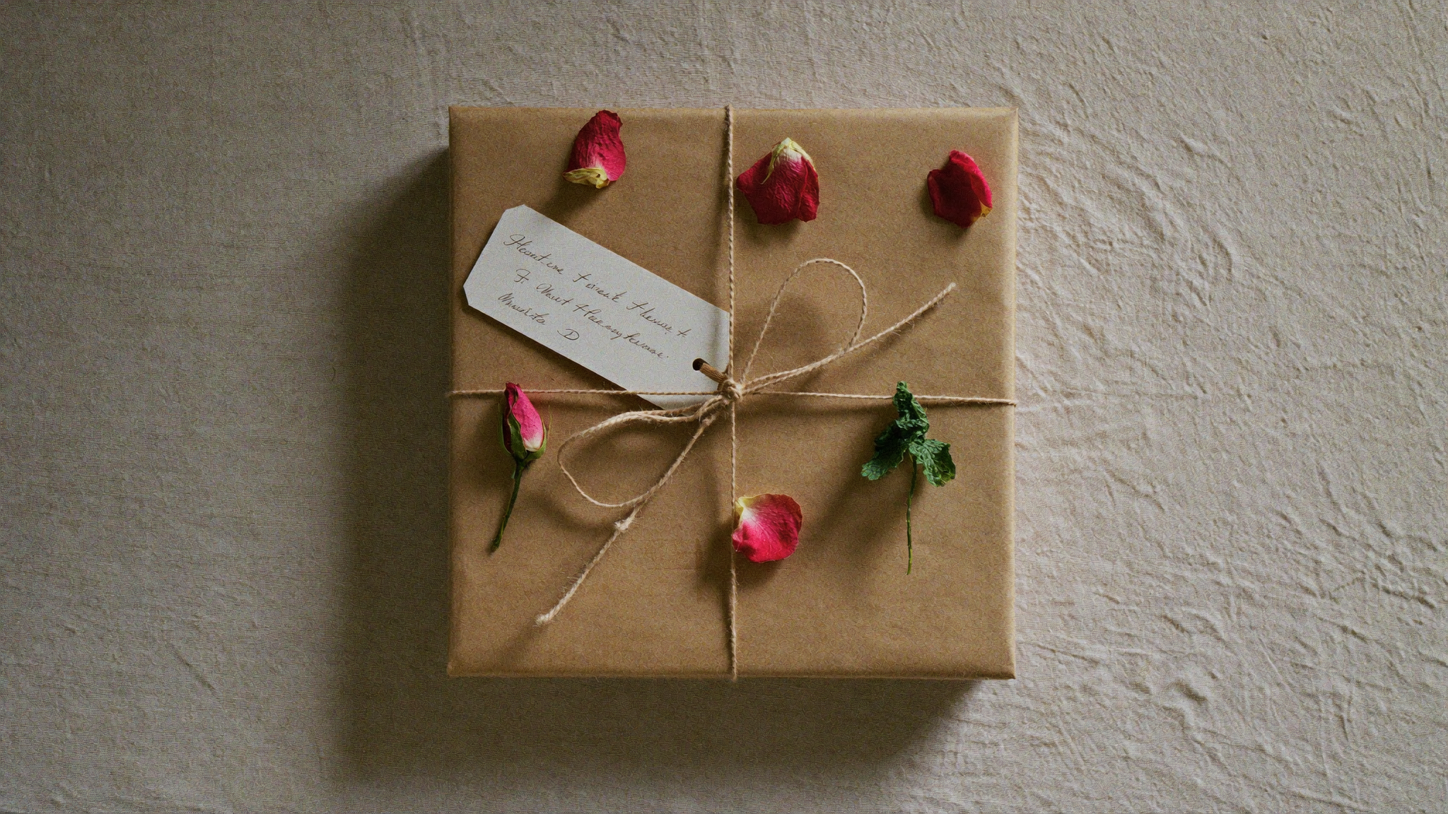 Gift box with a bow made of twine with Rose petals and a sprig of thyme